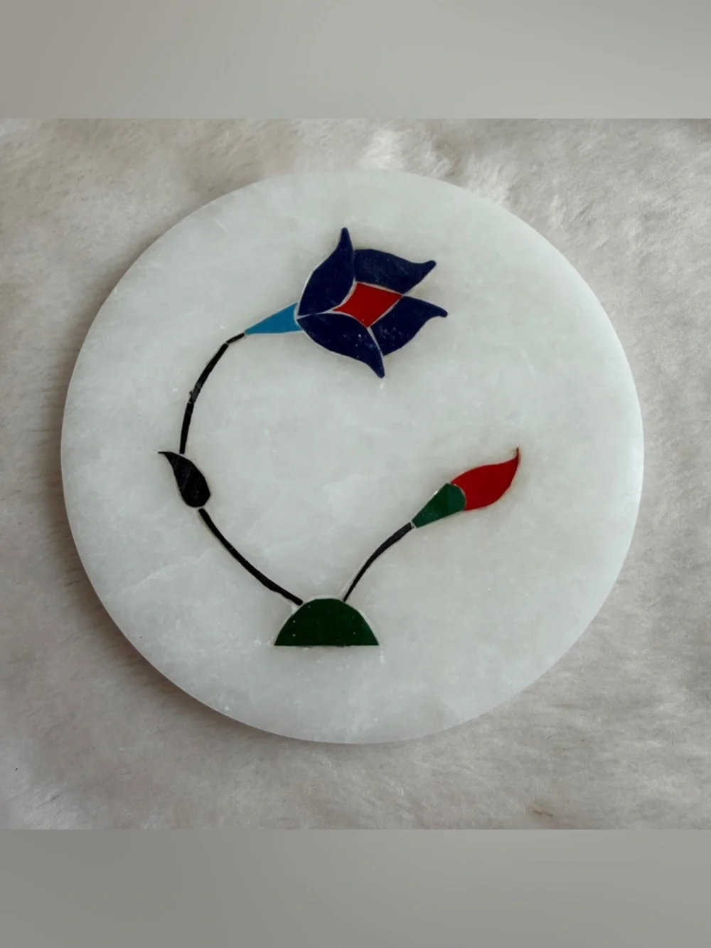 Set of 6 Vintage Marble Coasters with Holder Stone Inlay Flower Boho Pietra Dura
